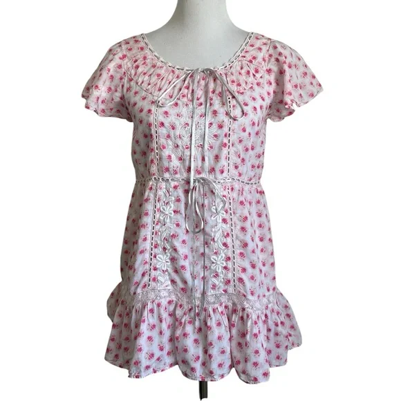 Love Shack Fancy Womens niall Floral Mini Dress Sz P/00 Pink Divine Short Sleeve